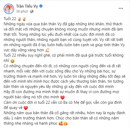 Phút trải lòng của Tiểu Vy khi đón sinh nhật tuổi 22.