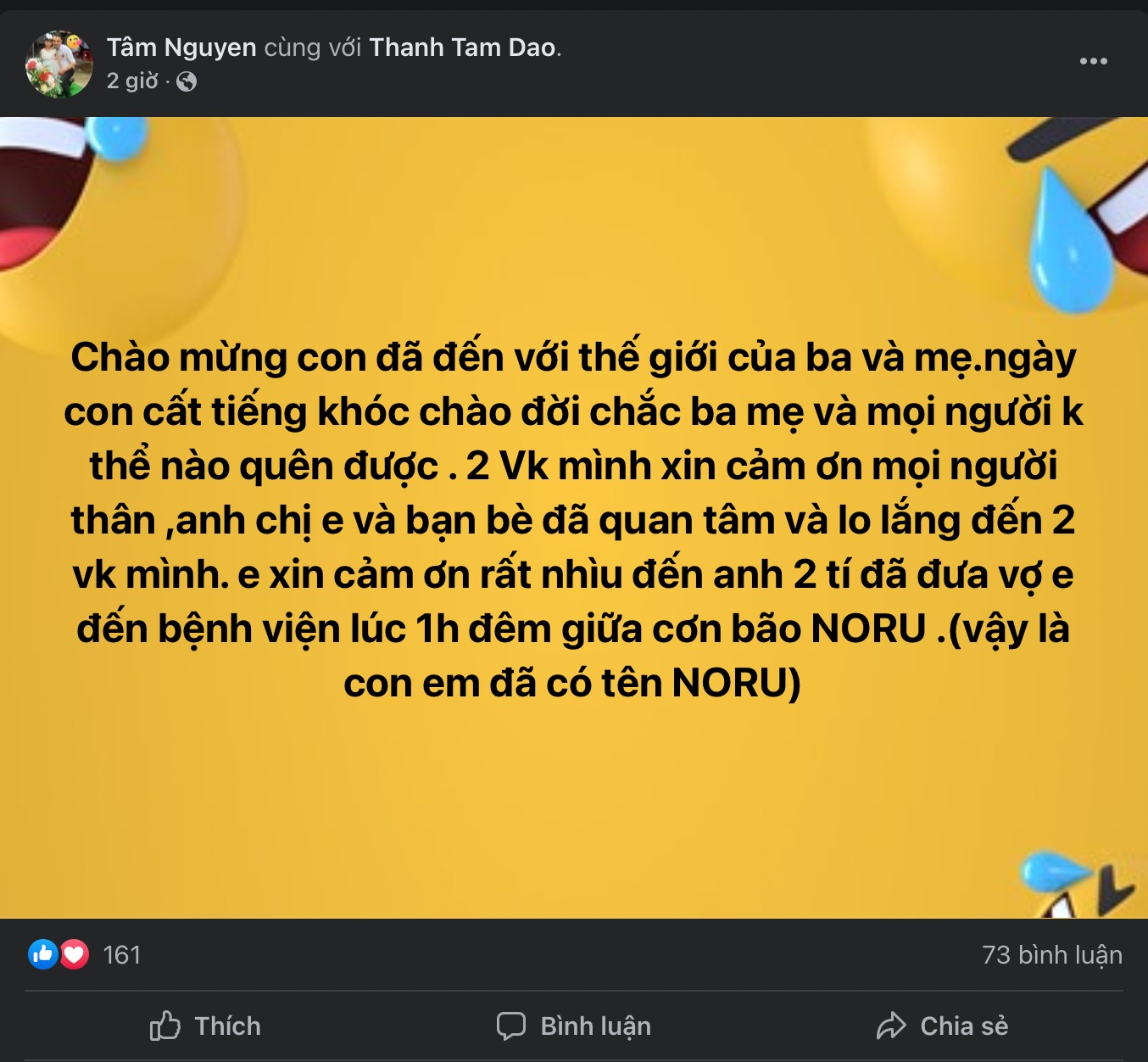 Dòng trạng thái vui mừng khôn xiết của anh Tâm khi con chào đời. Anh bật mí bé gái sẽ có tên Noru. Ảnh: FBNV
