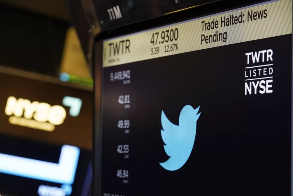 Biểu tượng Twitter trong một bài đăng trên sàn NYSE ngày 4/10/2022. Ảnh: San Diego Union Tribune