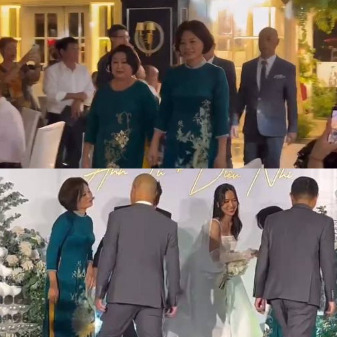 Hình ảnh bố mẹ Diệu Nhi, Anh Tú mặc đồ đôi, cùng bước vào hôn trường trên nền nhạc Tình Bạn Diệu Kỳ. Ảnh cắt từ clip