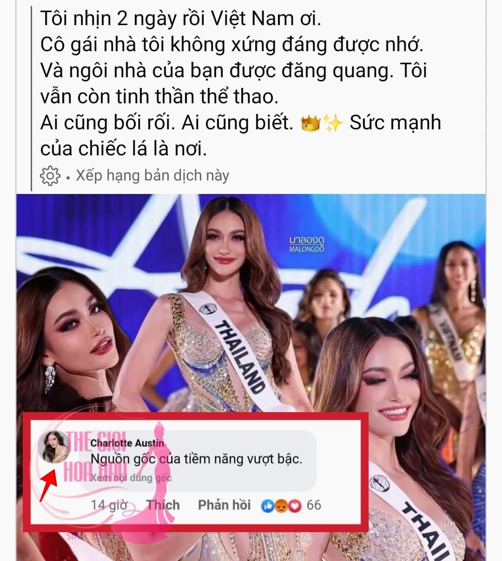 Bài đăng gốc thể hiện sự bất bình trước kết quả cuộc thi Miss Intercontinental của Á hậu 5 Miss Grand Thái Lan Charlotte Austin,