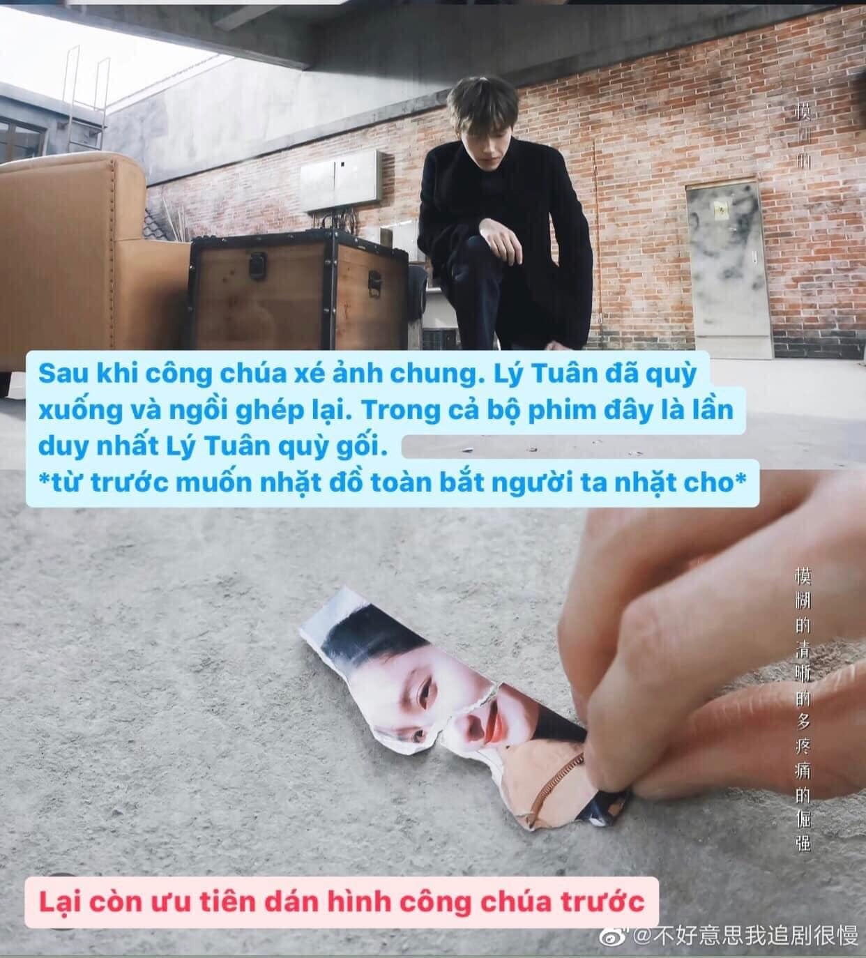 Sau khi Chu Vận xé ảnh chụp chung, Lý Tuân đã quỳ xuống và ngồi ghép lại. Khán giả phát hiện đây là lần duy nhất Lý Tuân quỳ gối trong phim, khi ghép còn ưu tiên dán hình Chu Vận trước. Từ xưa đến nay, Lý Tuân rơi đồ đều bắt người khác nhặt.