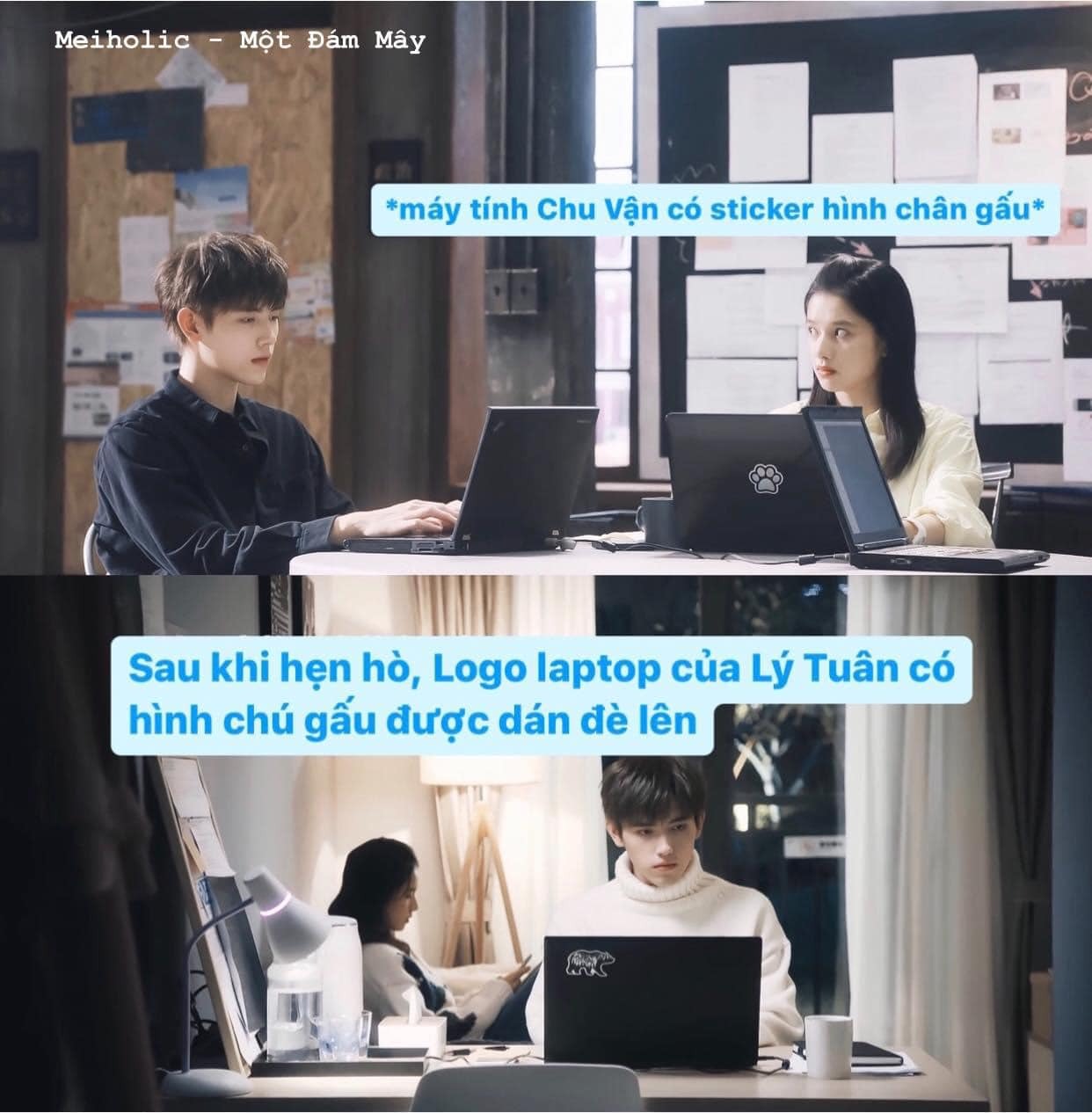 Máy tính của Chu Vận dán hình chân gấu. Sau khi tái hợp, logo laptop của Lý Tuân có hình chú gấn dán đè lên. Một chi tiết 'soft xỉu' trong phim.