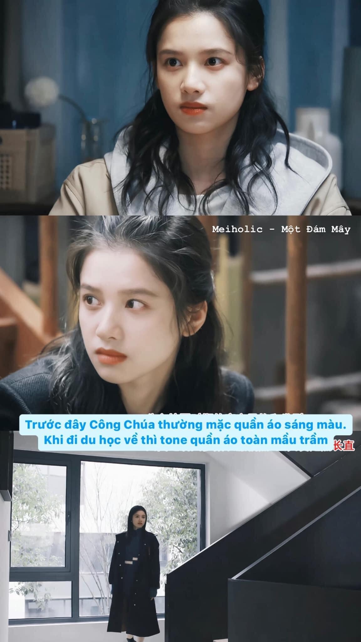 Trước đây, khi ở bên Lý Tuân, Chu Vận thường mặc quần áo sáng màu. Nhưng từ khi du học về, tone quần áo của cô đổi sang màu trầm.