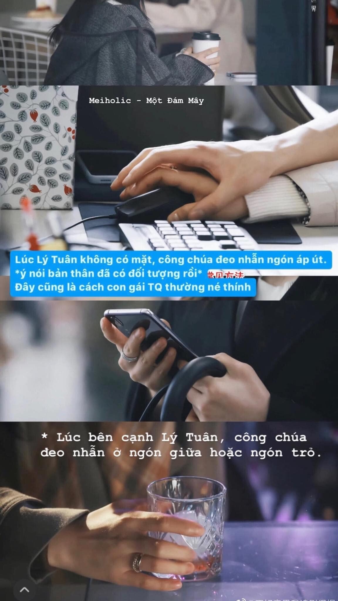 Một chi tiết đắt giá nữa mà các mọt phim soi ra khi xem 'Chiếc bật lửa và váy công chúa' chính là việc Chu Vận đeo nhẫn ở ngón giữa khi bên Lý Tuân và đổi sang ngón áp út khi xa Lý Tuân. Đây là cách mà cô 'bật đèn xanh' và 'đèn đỏ' cho những đối tượng khác nhau.