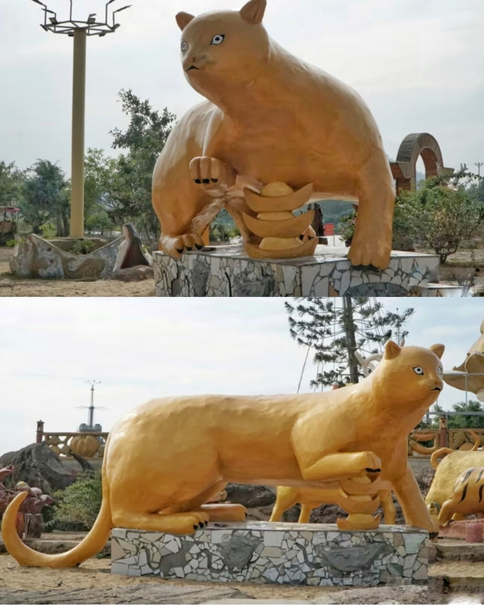 Tượng mèo Thanh Hóa gây xôn xao vì biểu cảm lấm lét của mình. Thậm chí có người còn bình luận vui rằng đây đích thị là tượng hổ năm ngoái sơn lại thành tượng mèo.