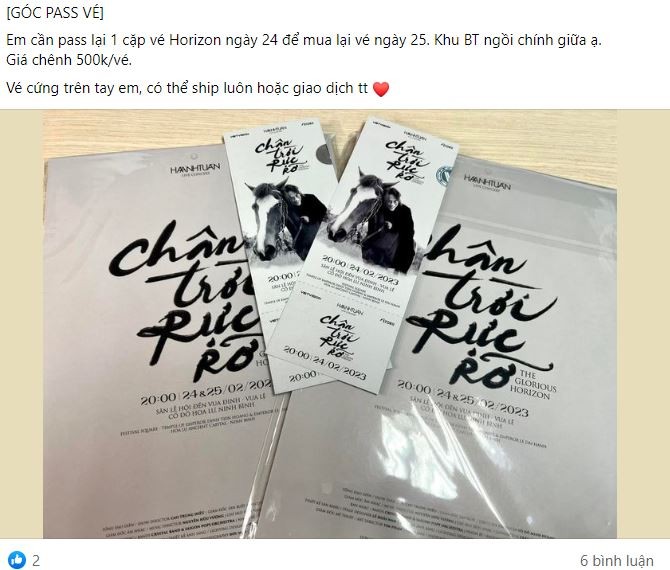 Người đăng bán vé công khai luôn giá chênh lệch là 500.000 đồng/vé. Ảnh chụp màn hình
