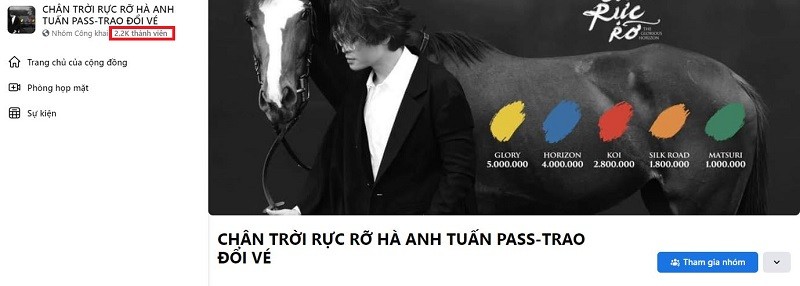 Một group pass-trao đổi vé concert 'Chân trời rực rỡ' với hơn 2.000 thành viên trên Facebook. Ảnh chụp màn hình Một group pass-trao đổi vé concert 'Chân trời rực rỡ' với hơn 2.000 thành viên trên Facebook. Ảnh chụp màn hình