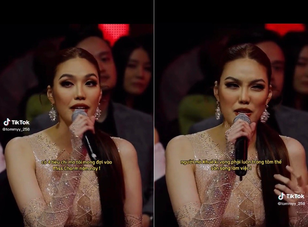 Lan Khuê và những biểu cảm 'ra vẻ chuyên nghiệp' khi nói tiếng Anh. Ảnh cắt từ clip