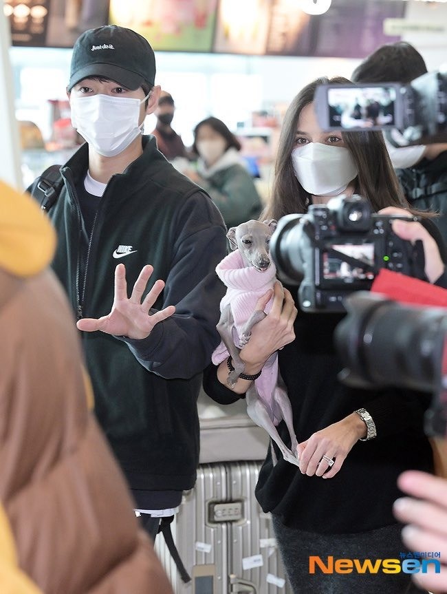 Song Joong Ki có động thái bảo vệ vợ trước ống kính phóng viên.