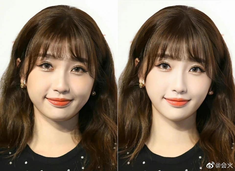 Cũng như Triệu Lệ Dĩnh, ảnh của Ngu Thư Hân đã bị bóp mặt quá đà. Nhiều CDM còn nhận định cô như biến thành Khổng Tuyết Nhi. Đa số fan đều thích vẻ mặt phúng phính, đáng yêu của Ngu Thư Hân trong ảnh bên phải.