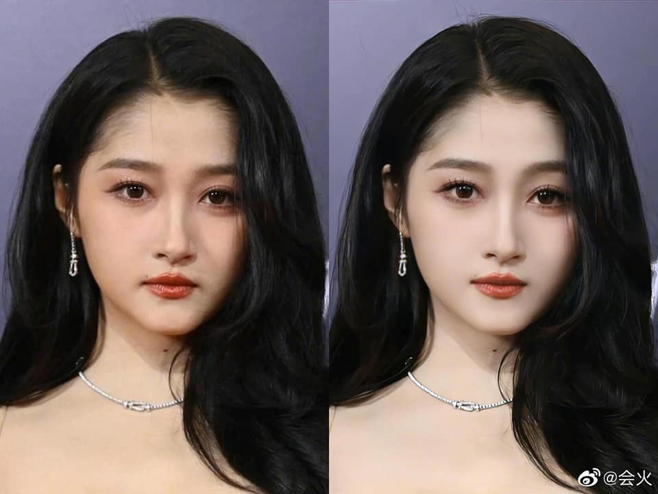 Ảnh gốc của Quan Hiểu Đồng cũng đẹp hơn so với ảnh đã qua chỉnh sửa. Nhan sắc bạn gái Lộc Hàm rất lạ. Khi cô đứng một mình thì nhạt nhòa, không đặc biệt. Nhưng Quan Hiểu Đồng so nhan sắc với bất kỳ ai cũng nổi bật hơn.