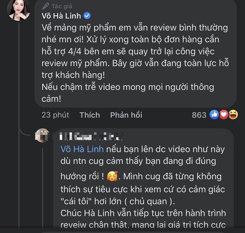 Võ Hà Linh tuyên bố tiếp tục review mỹ phẩm. Ảnh chụp màn hình Võ Hà Linh tuyên bố tiếp tục review mỹ phẩm. Ảnh chụp màn hình