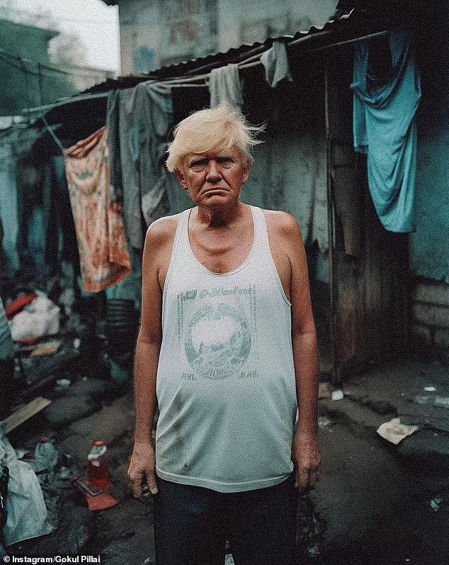 Cựu Tổng thống Donald Trump trông mệt mỏi, đầu tóc bù xù khi mặc một chiếc áo ba lỗ quá khổ màu trắng và chiếc quần đùi bẩn thỉu với mái tóc vàng đặc trưng.