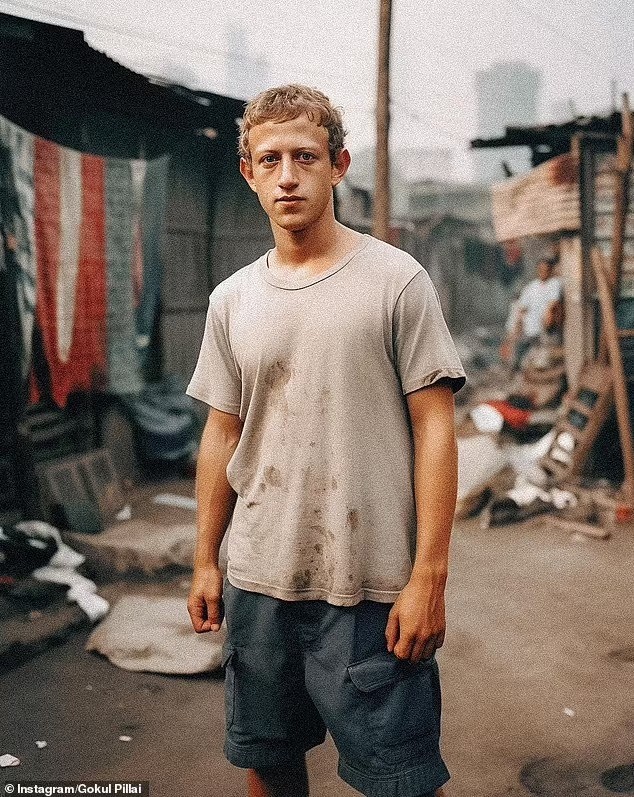 Hình ảnh Mark Zuckerberg trong chiếc áo phông bẩn và quần đùi màu xanh đứng giữa khu ổ chuột. Zuckerberg, người đã trở thành tỷ phú tự thân trẻ nhất thế giới ở tuổi 23, với giá trị tài sản ròng là 77,1 tỷ USD, theo Forbes Real Time Billionaires. Anh hiện là người giàu thứ 15 thế giới.
