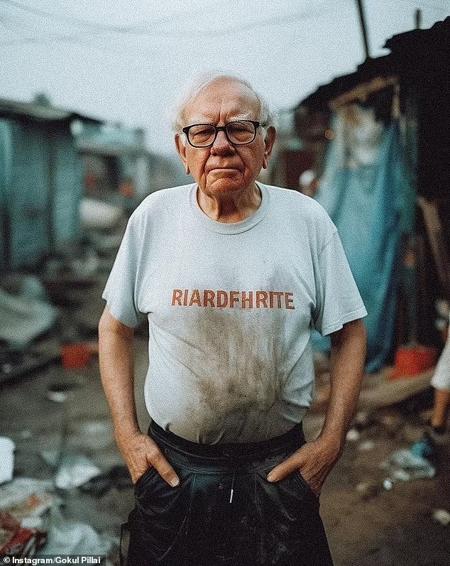 Doanh nhân người Mỹ Warren Buffett được nhìn thấy mặc một chiếc áo phông trắng có vết bẩn cùng chiếc quần dài lem luốc. Tài sản ròng của ông ước tính 104 tỷ USD tính đến tháng 3/2023. Ông hiện là Chủ tịch kiêm Giám đốc điều hành của Berkshire Hathaway và là người giàu thứ 5 thế giới.