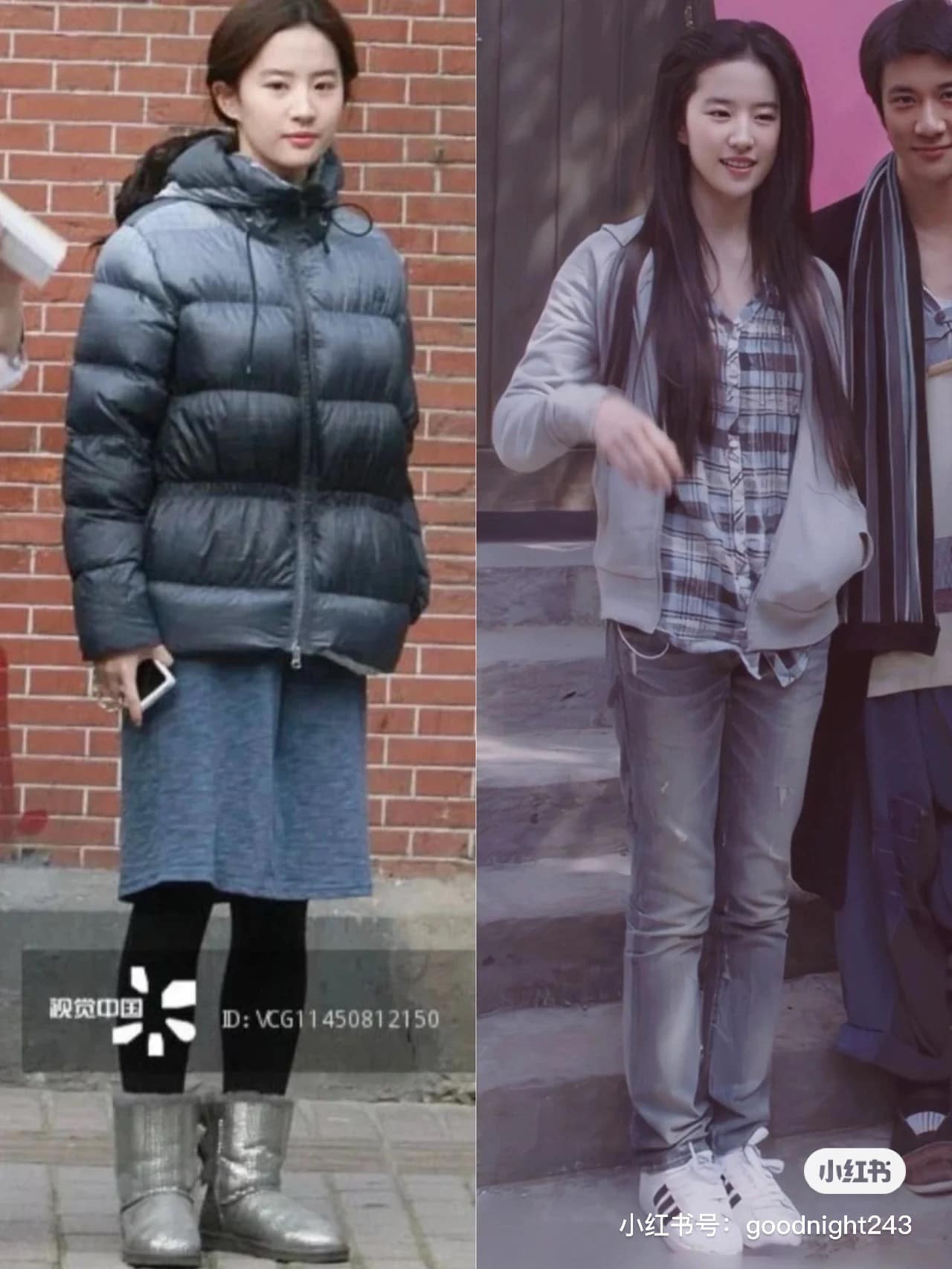 Còn bộ trang phục bên trái này chính là 'thuốc thử' cho nhan sắc của Lưu Diệc Phi. Rõ ràng, cô phối đồ như một 'bà thím' nhưng gương mặt khí chất đã 'gánh còng lưng' cho trang phục.