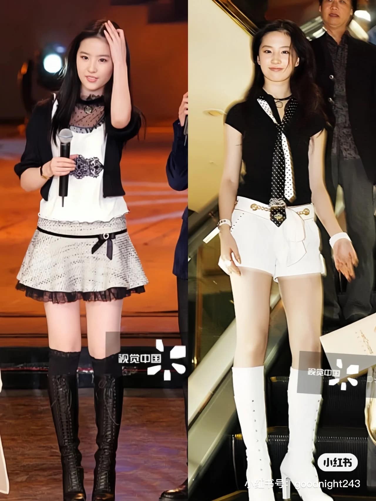 Ngoài gương mặt xinh đẹp, đôi chân thon dài, trắng muốn chính là báu vật ngàn vàng của Lưu Diệc Phi. Cặp giò giúp người đẹp cân mọi loại trang phục. Như 2 items trong ảnh này, nếu đổi lại là một người có đôi chân xấu thì sẽ không thể mặc đẹp.