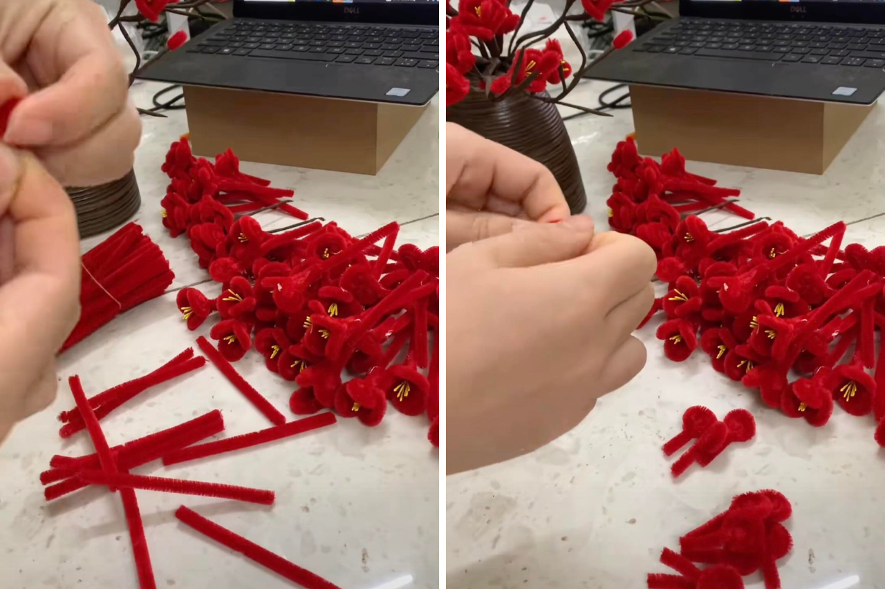 Cuộn tròn kẽm nhung để làm cánh hoa đào. Ảnh: Internet