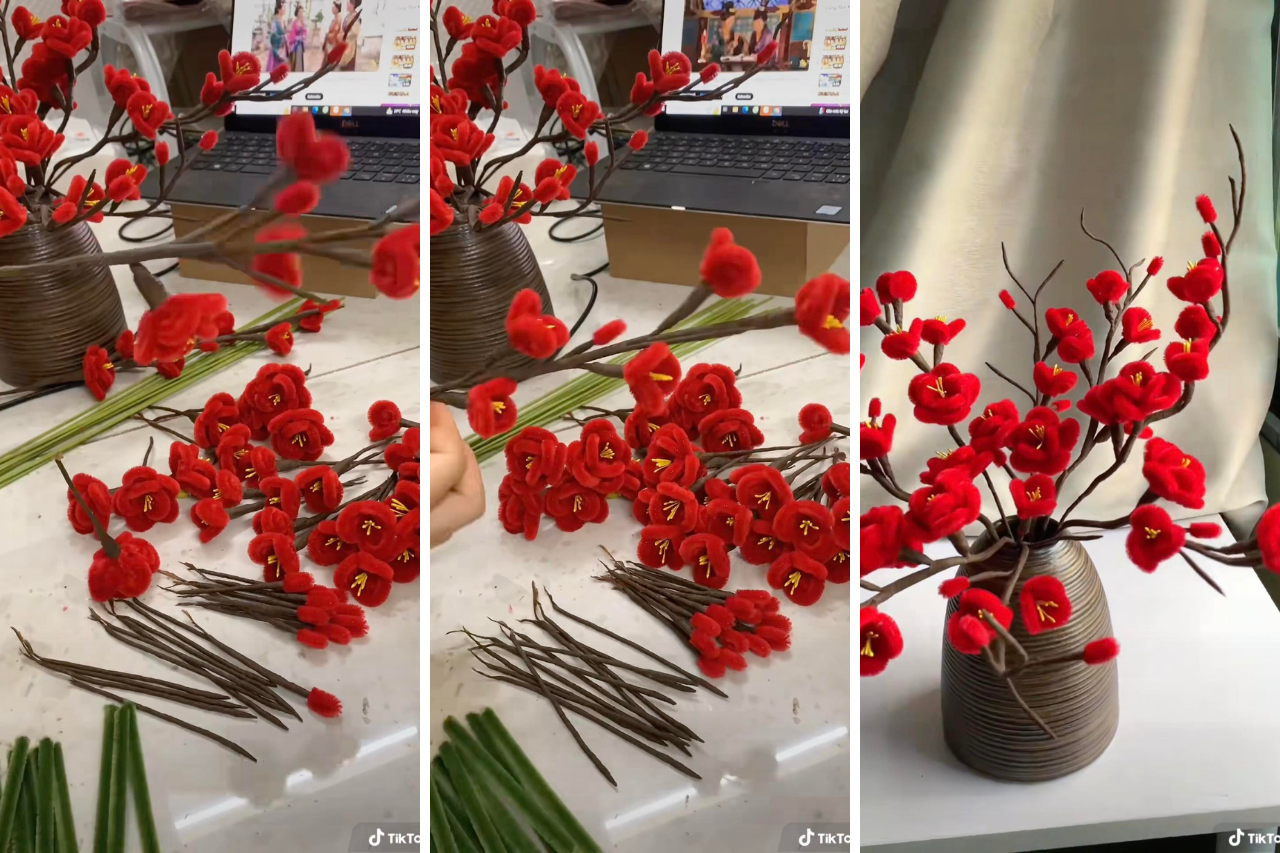 Cách làm hoa đào bằng kẽm nhung trông như thật đón Tết Nguyên đán 2024 - Ảnh 1