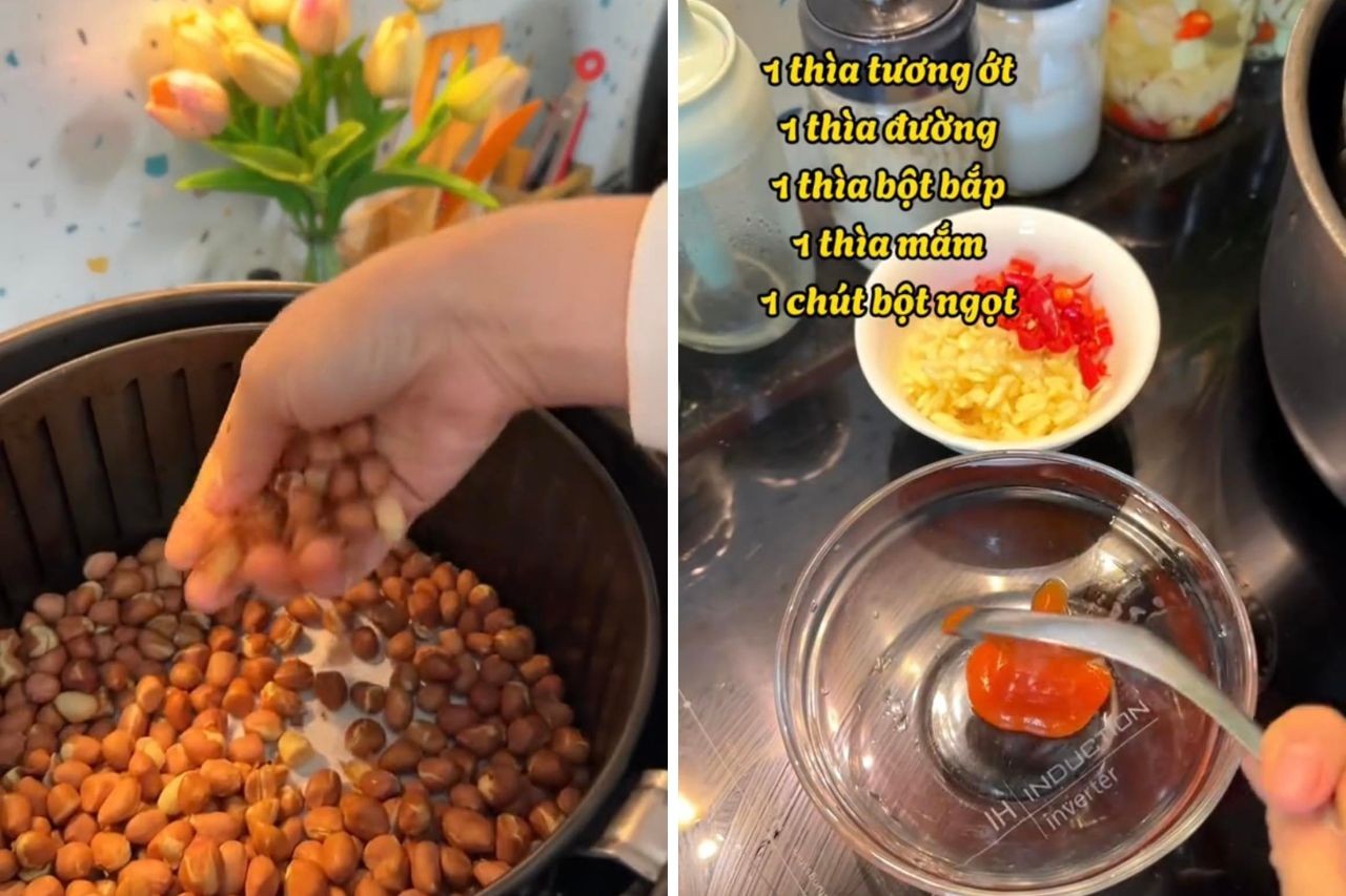 Sau khi đậu phộng chín, bạn chuẩn bị hỗn hợp sốt gồm 1 thìa tương ớt, 1 thìa đường, 1 thìa bột bắp, 1 thìa mắm, 1 chút bột ngọt.