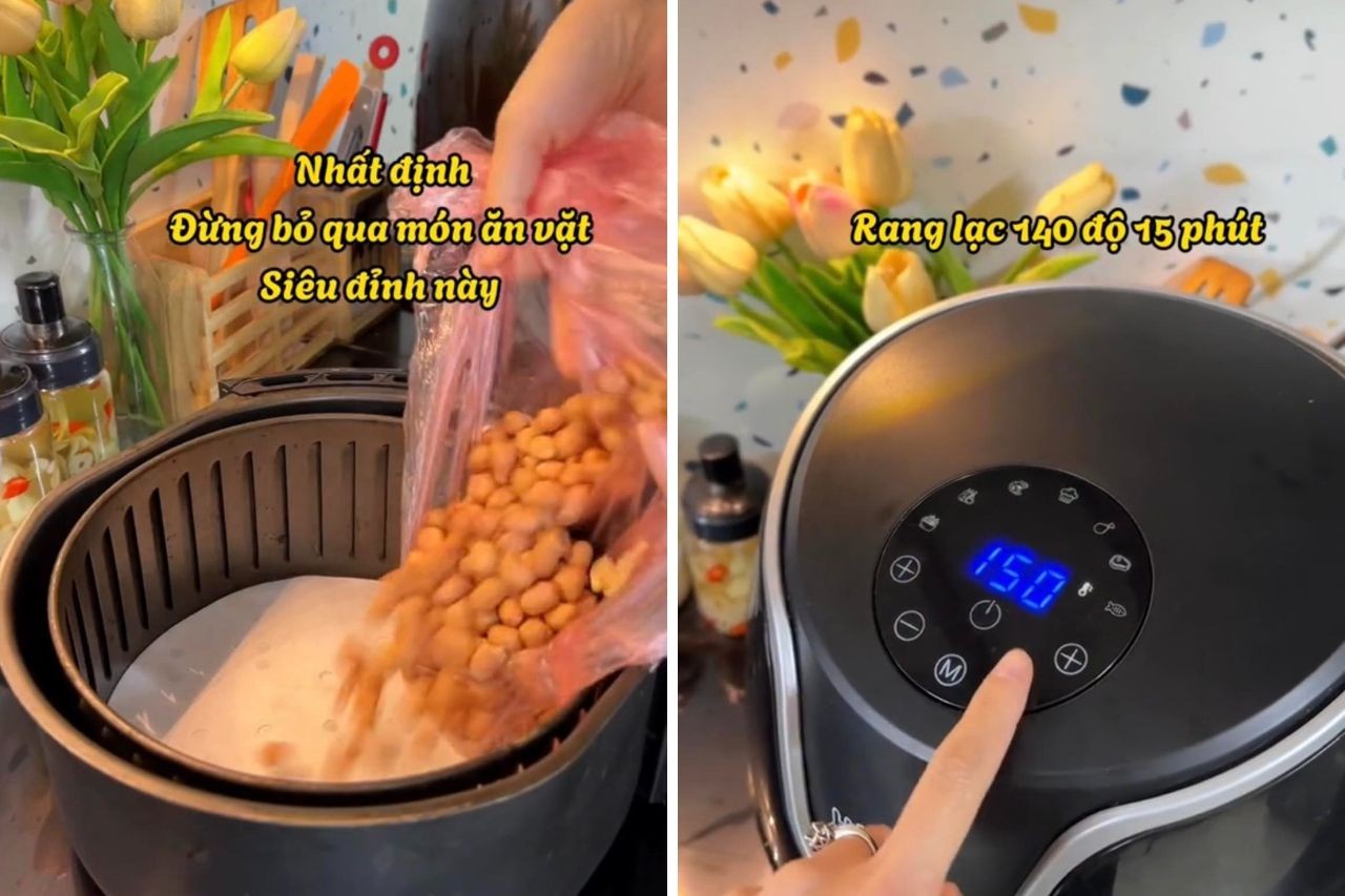 Cho đậu phộng vào nồi chiên không dầu, bật nhiệt độ 140 độ C, chiên trong15 phút cho lạc chín.