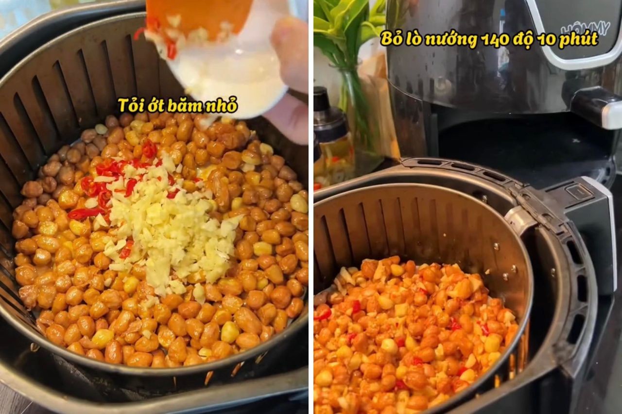 Cuối cùng, bạn bỏ tỏi, ớt băm nhỏ vào trộn với đậu phộng. Đem đậu phộng đã được ướp đủ gia vị, bỏ vào nồi chiên không dầu nước thêm 10 phút ở 140 độ.