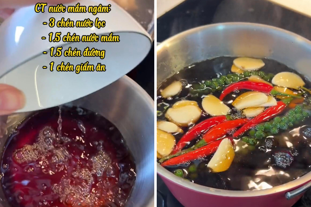 Để pha nước ngâm, bạn làm theo công thức sau: 3 chén nước lọc, 1,5 chén nước mắm, 1,5 chén đường, 1 chén giấm ăn hoặc gia giảm tùy khẩu vị. Tùy vào độ mặn của nước mắm và lượng thịt ngâm mà nhân thêm nguyên liệu pha nước. Đem nước này đun sôi cho tan hết đường, sau đó tắt bếp thì bỏ vào tỏi, ớt, tiêu xanh.