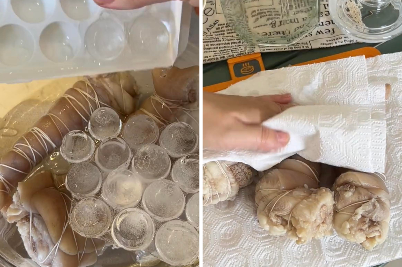 Tai heo sau khi luộc chín thì cho ngay vào tô nước đá lạnh, ngâm từ 10-20 phút để thịt giòn. Sau đó, vớt tai heo ra dùng giấy thấm khô. Lưu ý phải thấm thật khô để món tai heo ngâm mắm không bị nhớt.