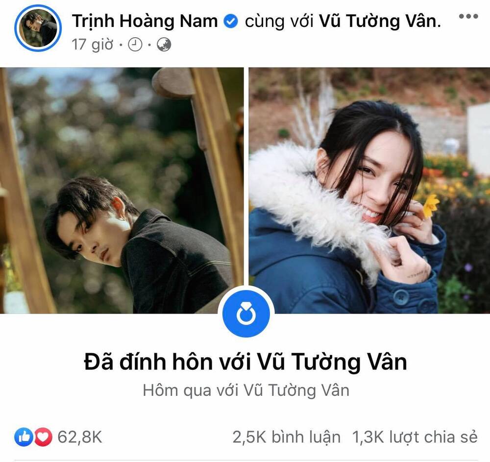 Khói và Mây đã công khai trạng thái đính hôn trên trang cá nhân.