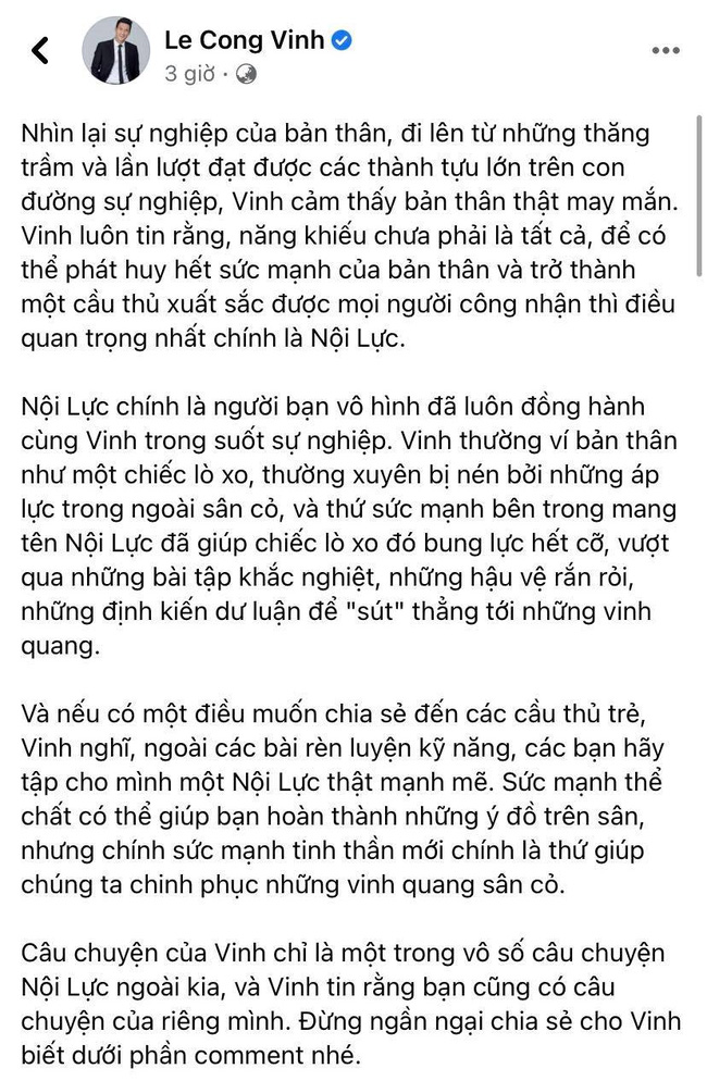 Công Vinh trải lòng trên trang cá nhân của mình