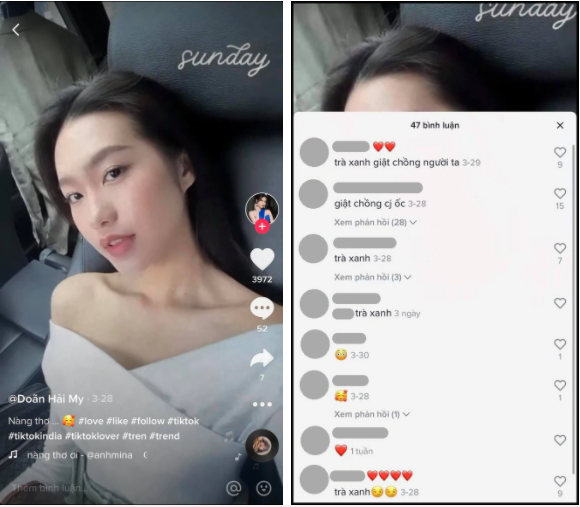 Hải My bị chỉ trích với tên trà xanh. Ảnh tiktok Hải My bị chỉ trích với tên trà xanh. Ảnh tiktok