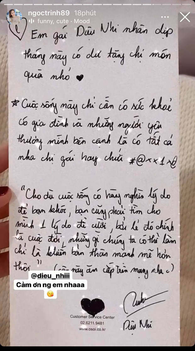 Diệu Nhi đã gửi quà và viết tâm thư động viên người chị thân thiết khiến netizen chú ý