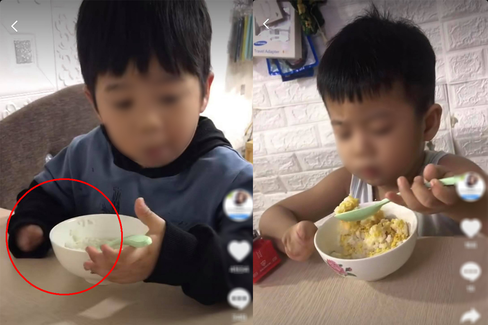 Cậu bé phải sử dụng tay trái để ăn uống nhưng cũng rất thuần thục. (Ảnh: Chụp màn hình)