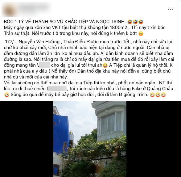 Một tài khoản mạng xã hội tố Ngọc Trinh đi xe thuê, Vũ Khắc Tiệp ở nhà mướn. (Ảnh: Chụp màn hình) Một tài khoản mạng xã hội tố Ngọc Trinh đi xe thuê, Vũ Khắc Tiệp ở nhà mướn. (Ảnh: Chụp màn hình)