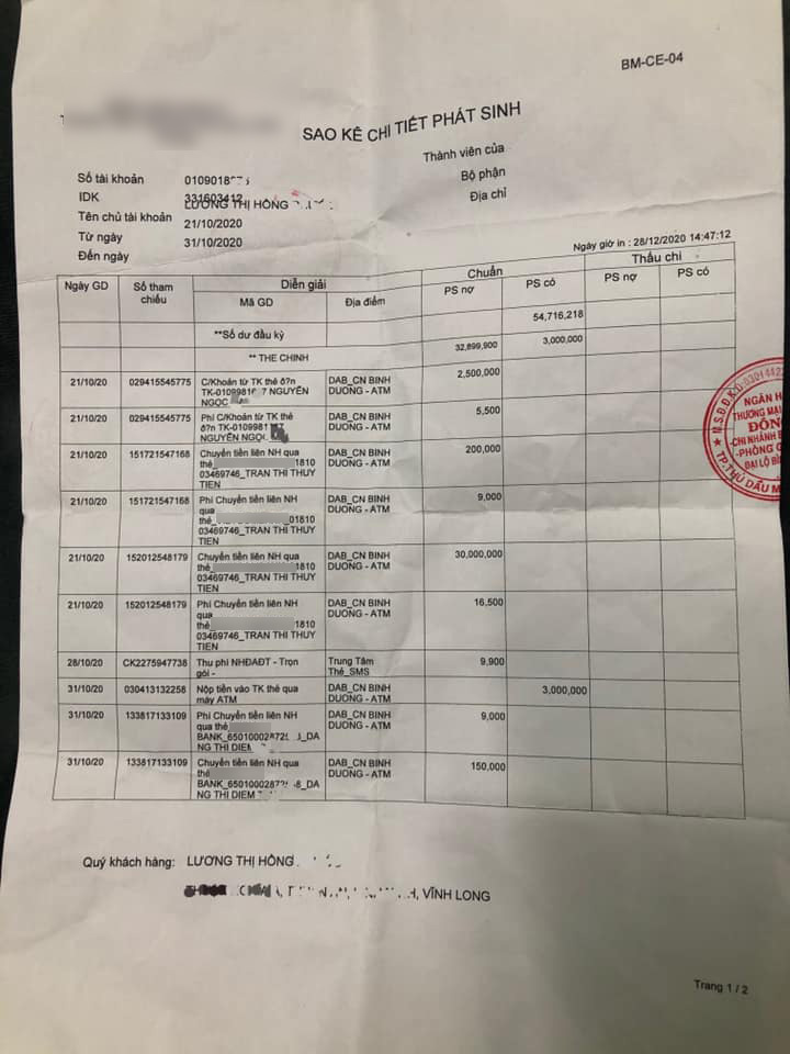 Sao kê tài khoản có dấu mộc đỏ của ngân hàng