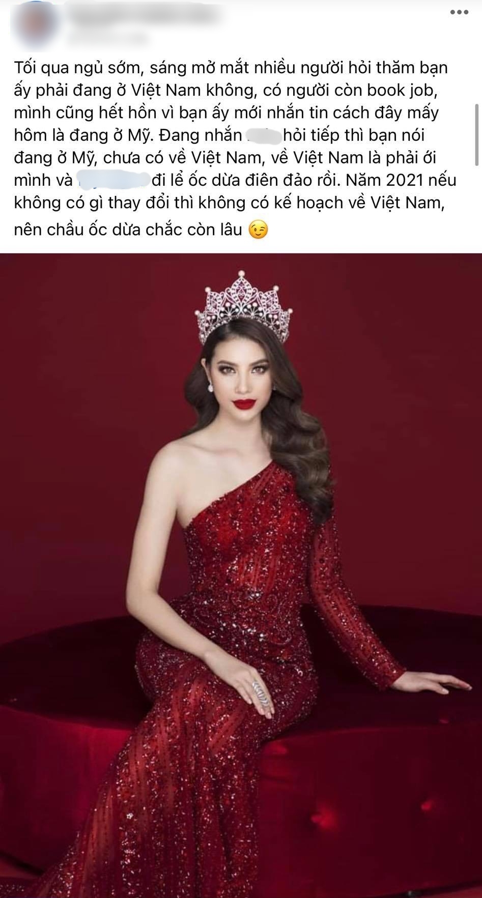 Quản lý Phạm Hương cho biết cô sẽ không về nước trong thời gian này. (Ảnh chụp màn hình)