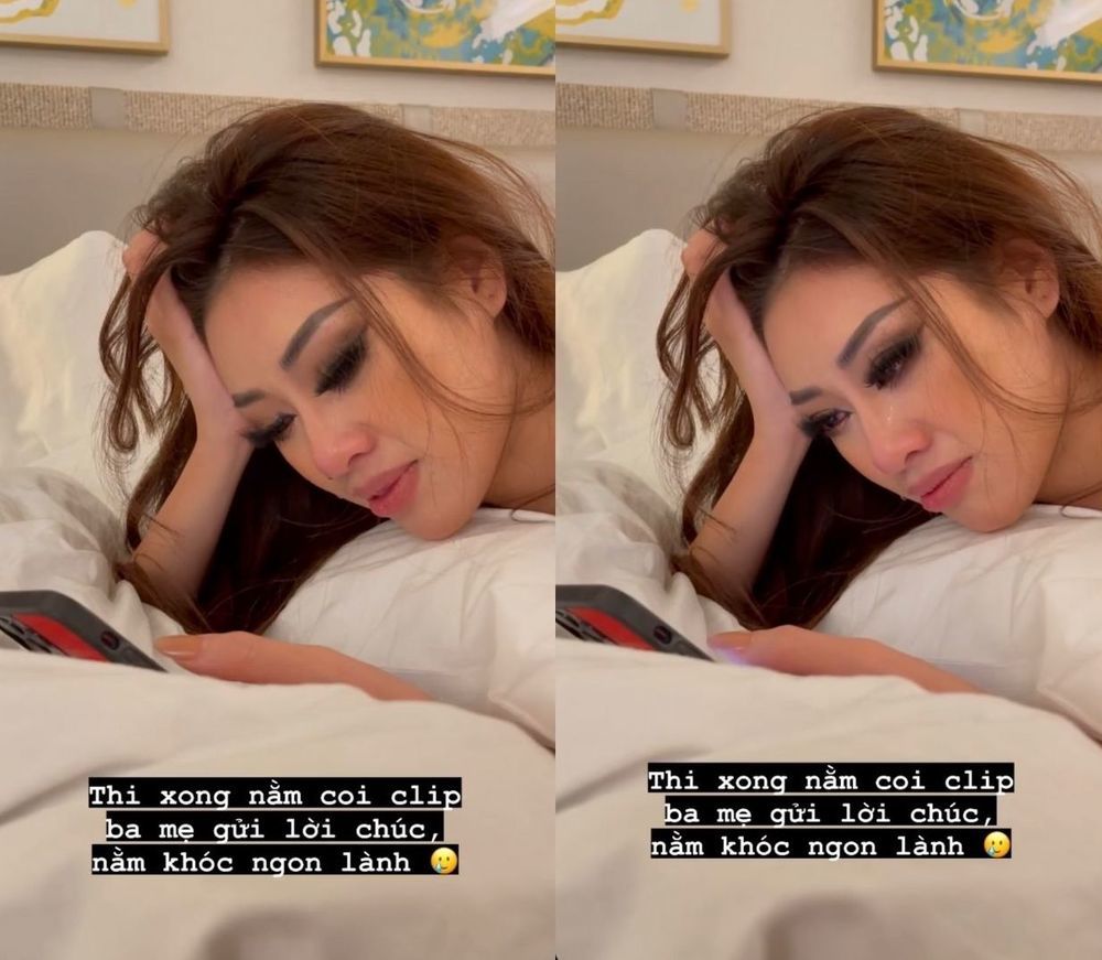 Khánh Vân khóc nức nở khi xem clip cổ vũ từ gia đình. (Ảnh: Chụp màn hình)