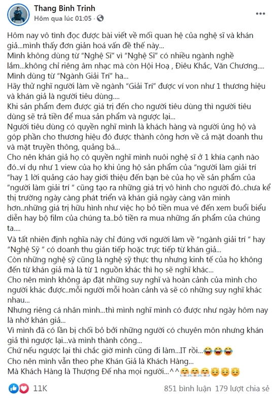 Chia sẻ của Trịnh Thăng Bình nhận đươc nhiều sự ủng hộ của khán giả Chia sẻ của Trịnh Thăng Bình nhận đươc nhiều sự ủng hộ của khán giả