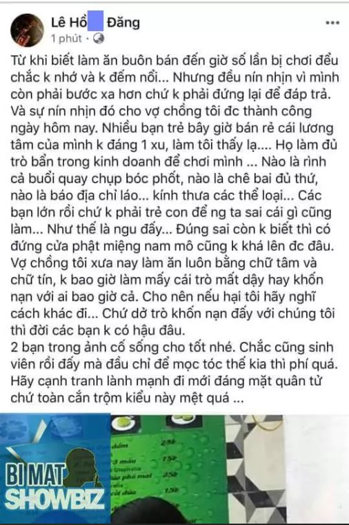 Hồng Đăng đáp trả gay gắt khi bị một sinh viên bóc mẽ quán ăn của bà xã. Ảnh: Facebook Hồng Đăng đáp trả gay gắt khi bị một sinh viên bóc mẽ quán ăn của bà xã. Ảnh: Facebook
