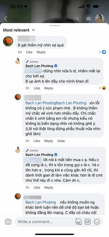 Bạch Lan Phương đáp trả cực gắt sau khi bị dân tình chê bai về nhan sắc. Ảnh: Facebook Bạch Lan Phương đáp trả cực gắt sau khi bị dân tình chê bai về nhan sắc. Ảnh: Facebook