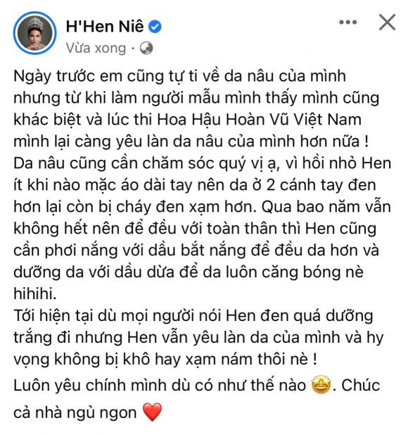 H'Hen Niê lên tiếng phủ nhận chuyện mình nhuộm da. Ảnh: Facebook