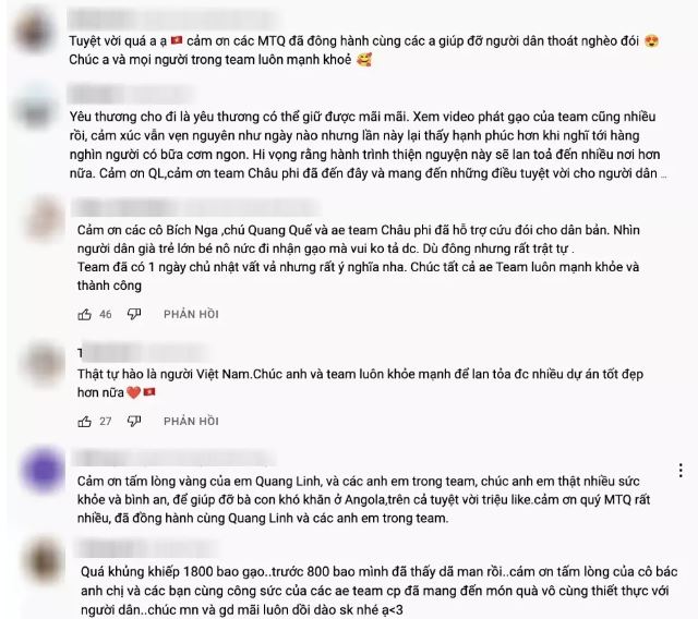 Mới đây Quang Linh cùng các cộng sự của mình đã phát hơn 2.000 bao gạo đến người dân tại Angola. Ảnh chụp màn hình Mới đây Quang Linh cùng các cộng sự của mình đã phát hơn 2.000 bao gạo đến người dân tại Angola. Ảnh chụp màn hình