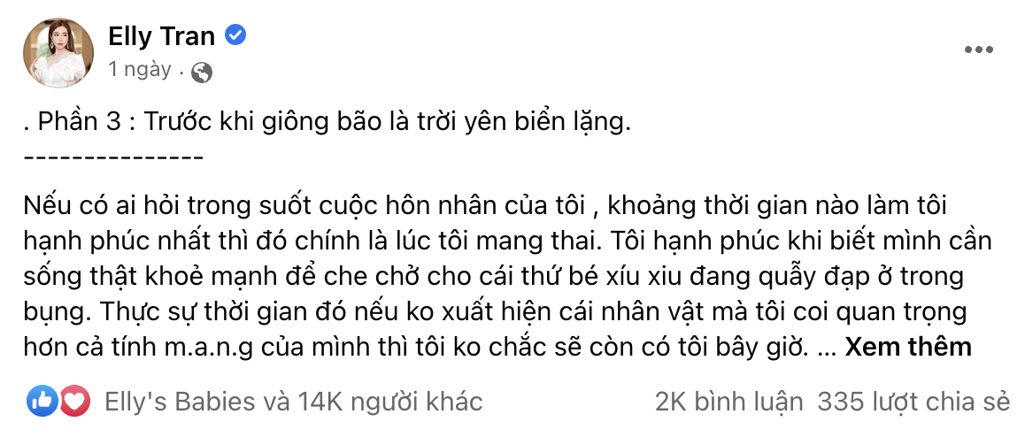 Thời gian gần đây, Elly Trần thường xuyên chia sẻ về những câu chuyện phía sau cuộc hôn nhân của mình. Ảnh: Facebook