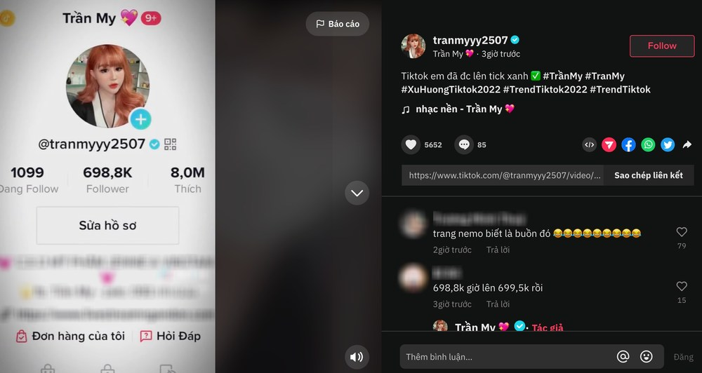 Hotgirl Trần My vui mừng báo tin vui khi tài khoản tiktok đã được tick xanh. Ảnh chụp màn hình