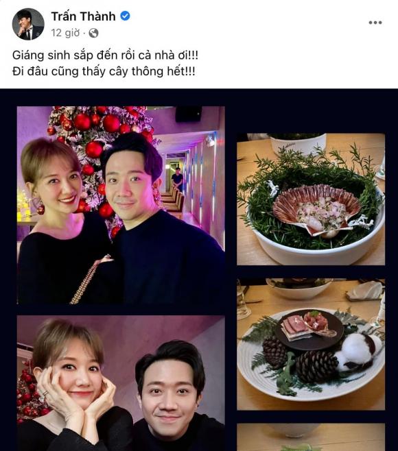 Trấn Thành đăng tải hình ảnh đi ăn cực kỳ tình tứ cùng bà xã. Ảnh: Facebook Trấn Thành đăng tải hình ảnh đi ăn cực kỳ tình tứ cùng bà xã. Ảnh: Facebook