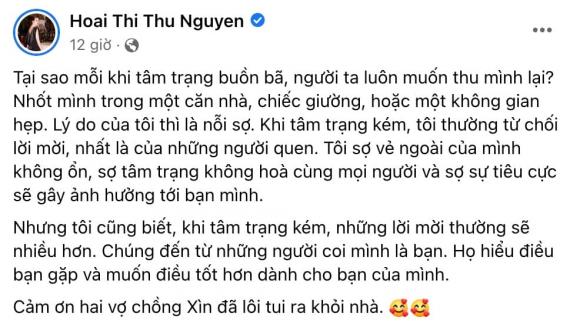 Hoa hậu Thu Hoài khéo léo cho thấy sự tử tế của vợ chồng danh hài Trấn Thành. Ảnh: Facebook Hoa hậu Thu Hoài khéo léo cho thấy sự tử tế của vợ chồng danh hài Trấn Thành. Ảnh: Facebook