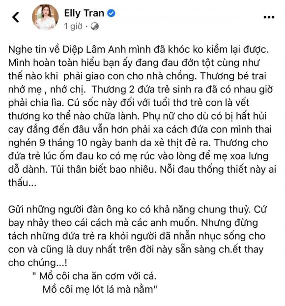 Elly Trần bật khóc, vợ Đinh Tiến Đạt không khỏi xót xa sau khi Diệp Lâm Anh không được nuôi 2 con - Ảnh 1 Elly Trần bật khóc, vợ Đinh Tiến Đạt không khỏi xót xa sau khi Diệp Lâm Anh không được nuôi 2 con - Ảnh 1