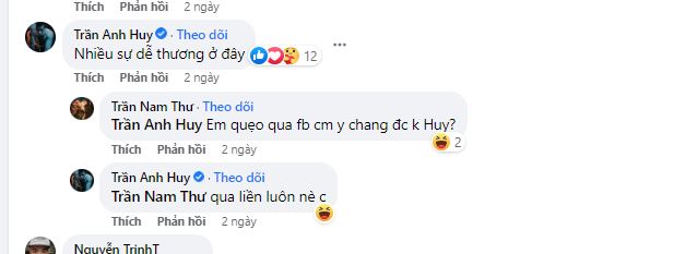 Dòng bình luận gây chú ý của 'tình tin đồn' Trần Anh Huy. Ảnh: Facebook Dòng bình luận gây chú ý của 'tình tin đồn' Trần Anh Huy. Ảnh: Facebook