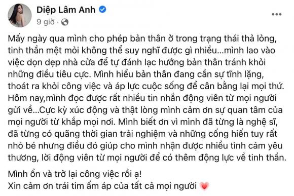 Dòng trạng thái mới đây của Diệp Lâm Anh gây chú ý khi tiết lộ về tình trạng hiện tại của mình sau khi không giành được quyền nuôi con. Ảnh: Facebook Dòng trạng thái mới đây của Diệp Lâm Anh gây chú ý khi tiết lộ về tình trạng hiện tại của mình sau khi không giành được quyền nuôi con. Ảnh: Facebook